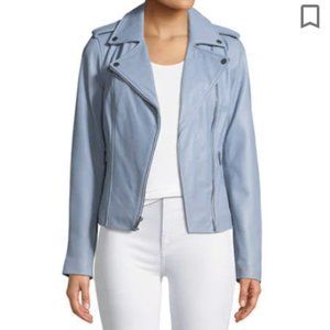 Neiman Marcus Women's Blue Leather Zip-Front Asymmetric Zip Moto Jacket L